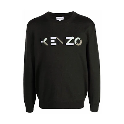 KENZO FW21 Knit Sweater Dark Green Letter Print Crewneck. FB65PU6393LA-97