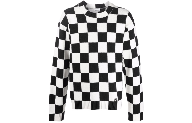 KENZO FW21 Logo Print Checkered Knit Sweater Black . FB65PU6003CD-01