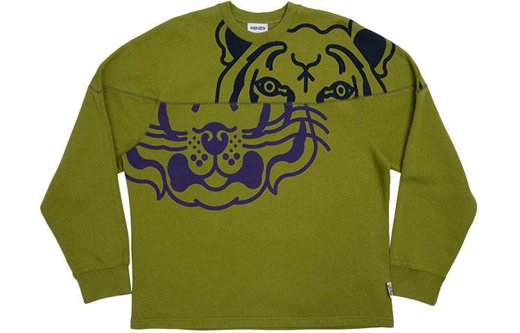KENZO FW21 Printed Tiger Head Patchwork Crewneck Sweatshirt Green () FB65SW5284MOBAW-50