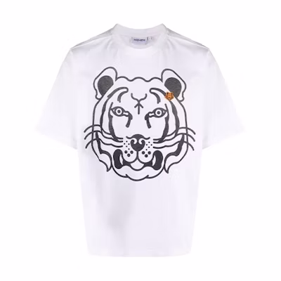 KENZO FW21 White Logo Tiger Print Crewneck T-Shirt. FB65TS5224SA0-1B