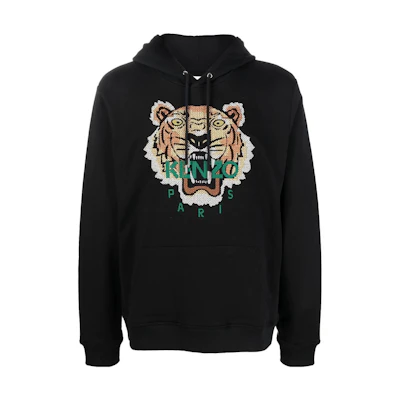 KENZO FW22 Black Hoodie with Tiger Head Logo and Letter Print. FC65SW3414XD-99