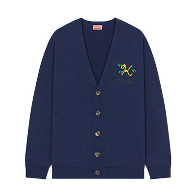 KENZO FW22 Blue Wool Knit Cardigan with Logo Embroidery. FC65CA3423LA-77
