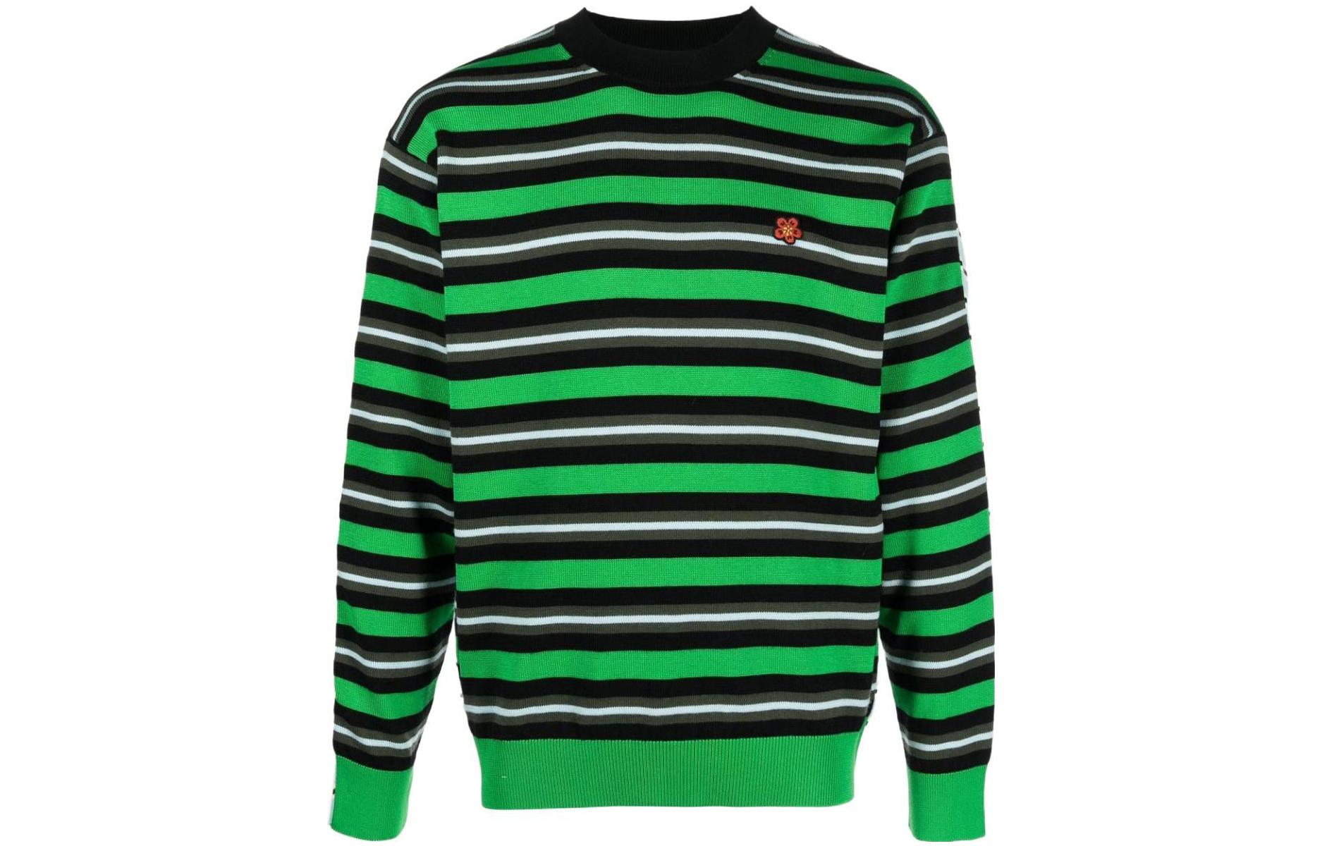 KENZO FW22  Green Striped Floral Embroidery Wool Sweater Pullover. FC65PU3373CC-57