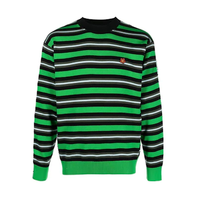 KENZO FW22 Green Striped Floral Embroidery Wool Sweater Pullover. FC65PU3373CC-57