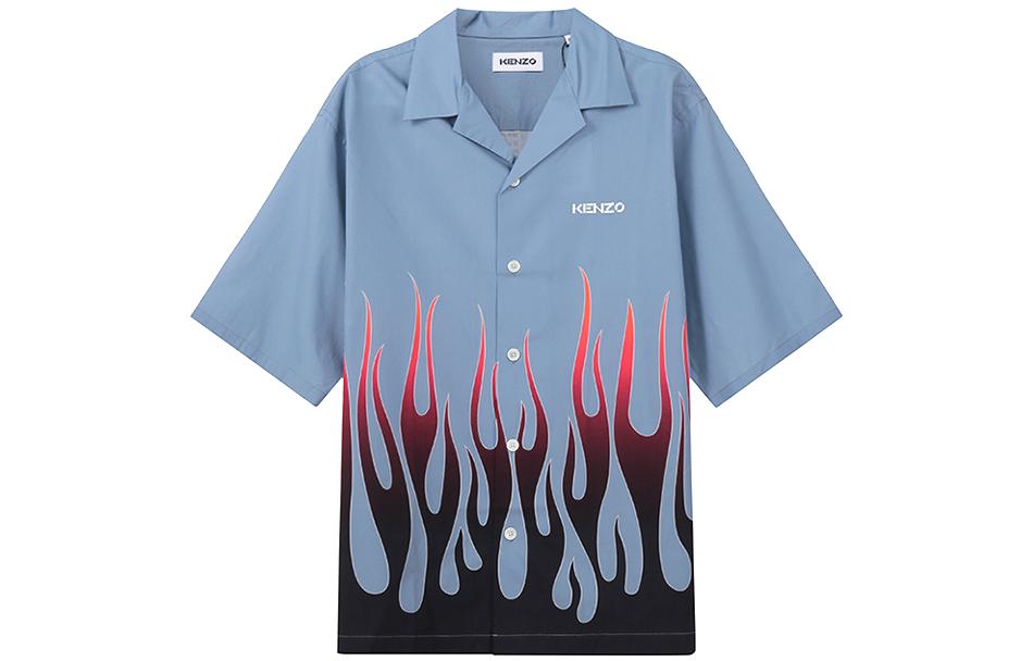 KENZO FW22  Navy Flame Print Short Sleeve Button-Down Shirt. FC55CH1409S6-61【】