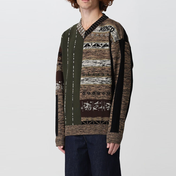 Details for 겐조 FW22 스트라이프 V넥 울 스웨터 - 다크카키. FC65PU3193CN-51