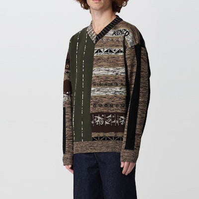 겐조 FW22 스트라이프 V넥 울 스웨터 - 다크카키. FC65PU3193CN-51 Details for 겐조 FW22 스트라이프 V넥 울 스웨터 - 다크카키. FC65PU3193CN-51