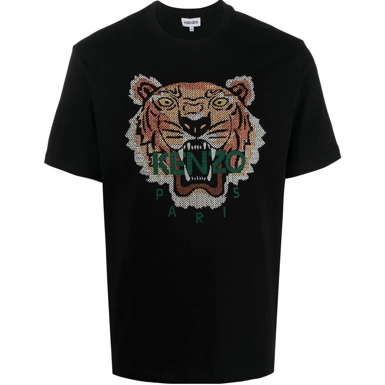 KENZO FW22 Classic Tiger Logo Embroidered Black T-Shirt Men. FC65TS2404YE-99