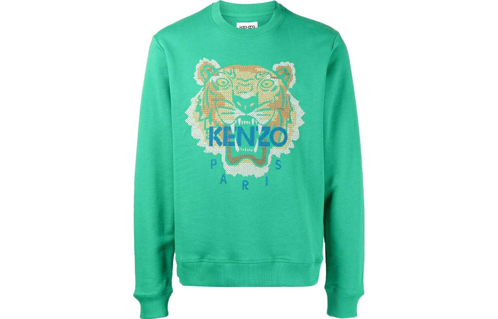 Kenzo FW22 Green Crewneck Sweatshirt with Tiger and Logo Print FC65SW1404XD-56