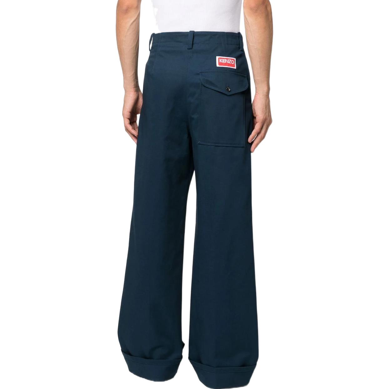 Shop KENZO FW22 Navy Blue Logo Patch Wide-Leg Casual Pants for Men. FC65PA3709RL-77