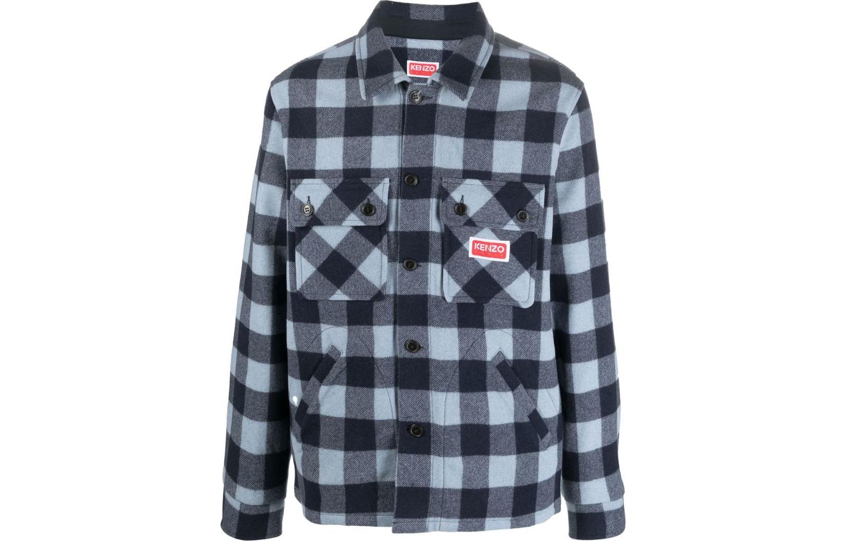 KENZO FW22 Plaid Logo Patch Pocket Button-Up Shirt Sky Blue FC65CH5099CN-64