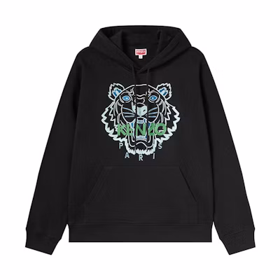 KENZO FW23 Black Hoodie with Logo and Tiger Head Embroidery. FD65SW1124MF-99J