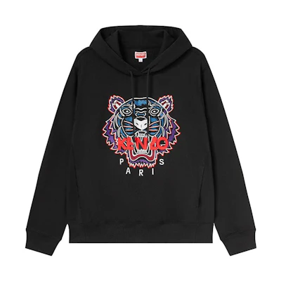KENZO FW23 Black Hoodie with Logo Tiger Head Embroidery and Drawstring. FD62SW8714MF-99J