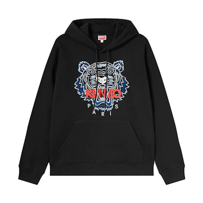 KENZO FW23 Black Hoodie with Tiger Head Print Design. FD65SW3334MF-99J