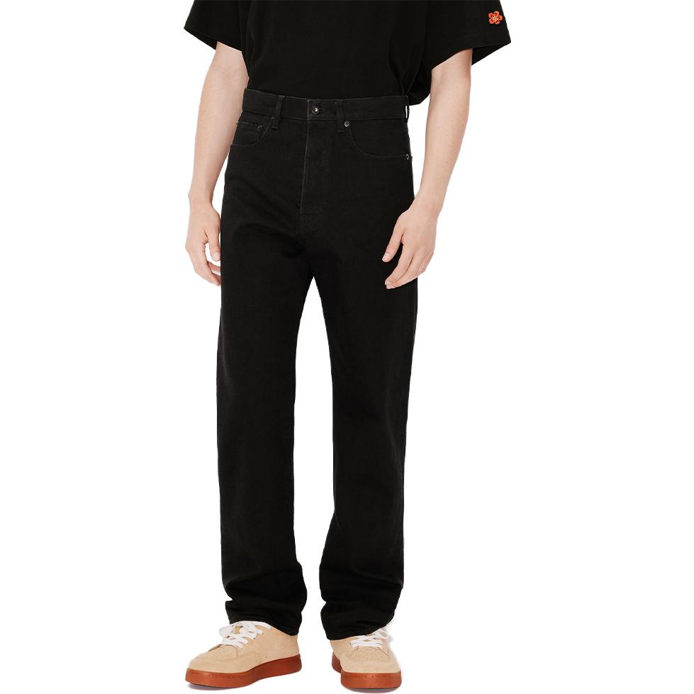 Purchase KENZO FW23  Black Mid-Rise Jeans with Solid Logo Patch. FD65DPP336C1-BM
