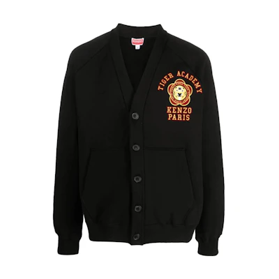 KENZO FW23 Black V-Neck Logo Pattern Button-Up Knit Cardigan. FD65SW0854ME-99J