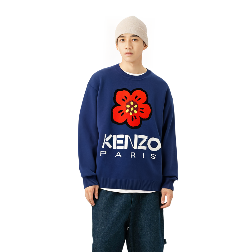 Shop KENZO FW23 Baju Sejuk Crewneck Biru Navy Logo Wool. FD65PU4273LD73