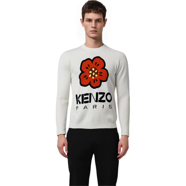Shop KENZO FW23 Baju Sejuk Lelaki Logo Wool Crewneck Warna Off-White FD65PU4273LD002