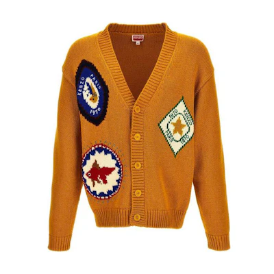 KENZO FW23 Yellow Patterned V-Neck Cardigan Sweater for Men. FD65CA4083BF-40