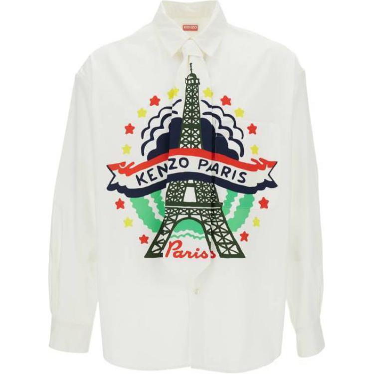 KENZO Graphic Print Button-Up Long Sleeve Shirt Men’s White FE55CH4219P6-01