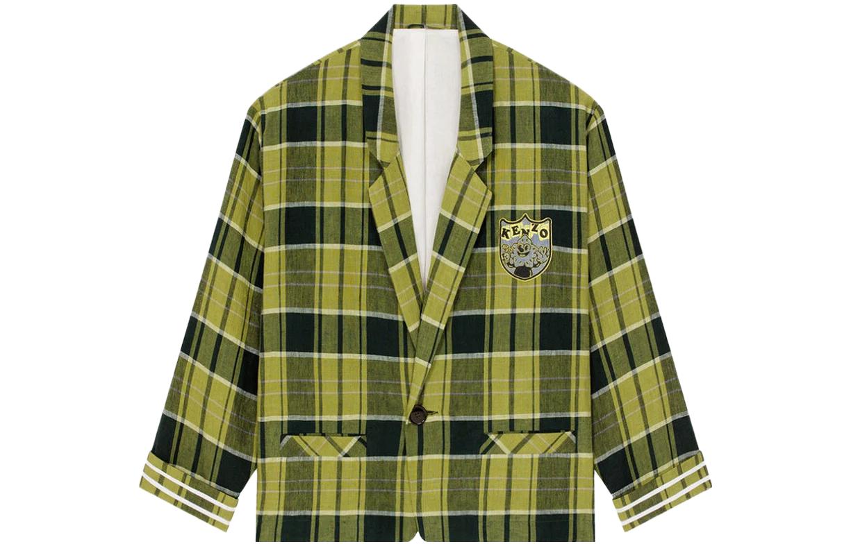 KENZO Grass Green Checkered Logo Print Single-Breasted Blazer Jacket FD55VE2249RM-57