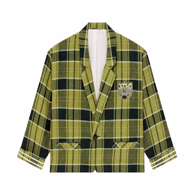 KENZO Grass Green Checkered Logo Print Single-Breasted Blazer Jacket FD55VE2249RM-57