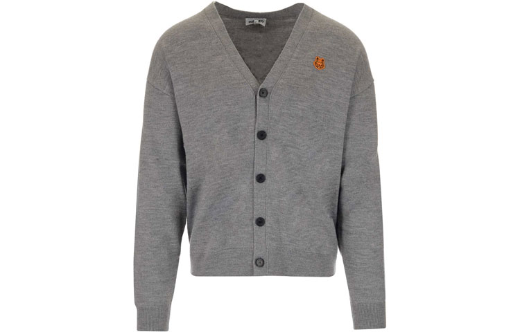 KENZO Gray Wool Sweater with Tiger Patch Design. FB65CA6353TA-95