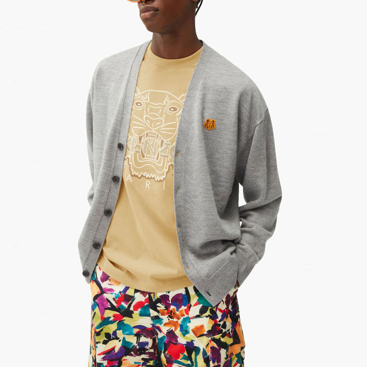 Details for KENZO Gray Wool Sweater with Tiger Patch Design. FB65CA6353TA-95