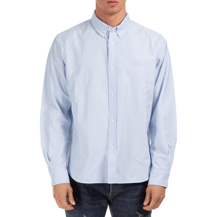 Shop KENZO ライトブルー コットン 長袖シャツ 小さな虎ヘッド付き FA65CH4001LD-63