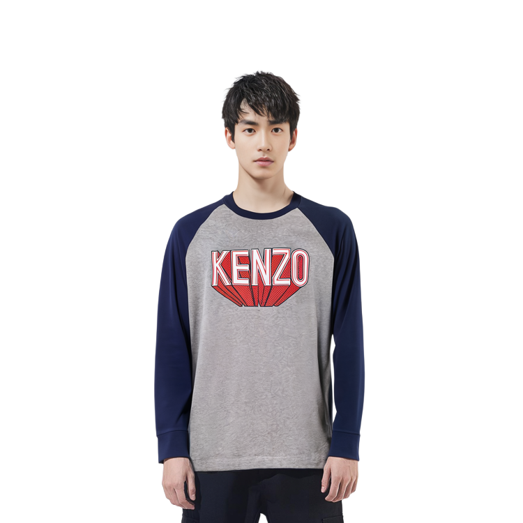Shop KENZO Kaos Lengan Panjang Crewneck Logo Print Abu-abu FD65TS1054SI-94