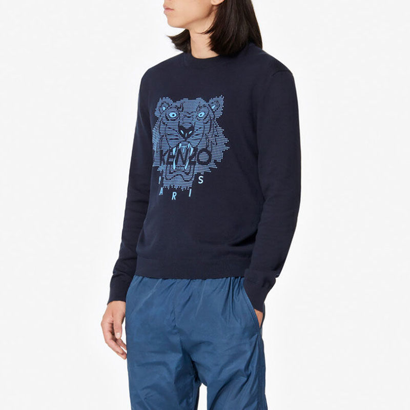 Shop KENZO Midnight Blue Tiger Head Crewneck Knit Sweater FA55PU5003XB-77