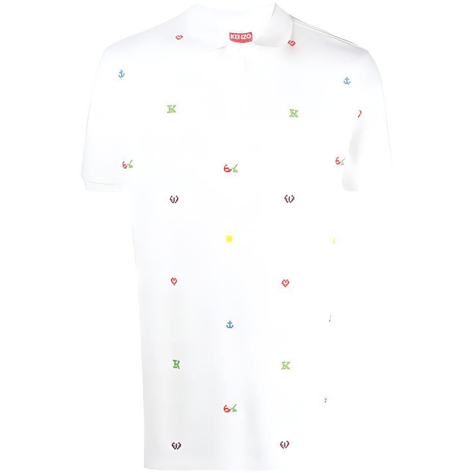 KENZO Pixel Flower Embroidery Polo Shirt White  Pixel Style Collection FD55PO0054PU-02