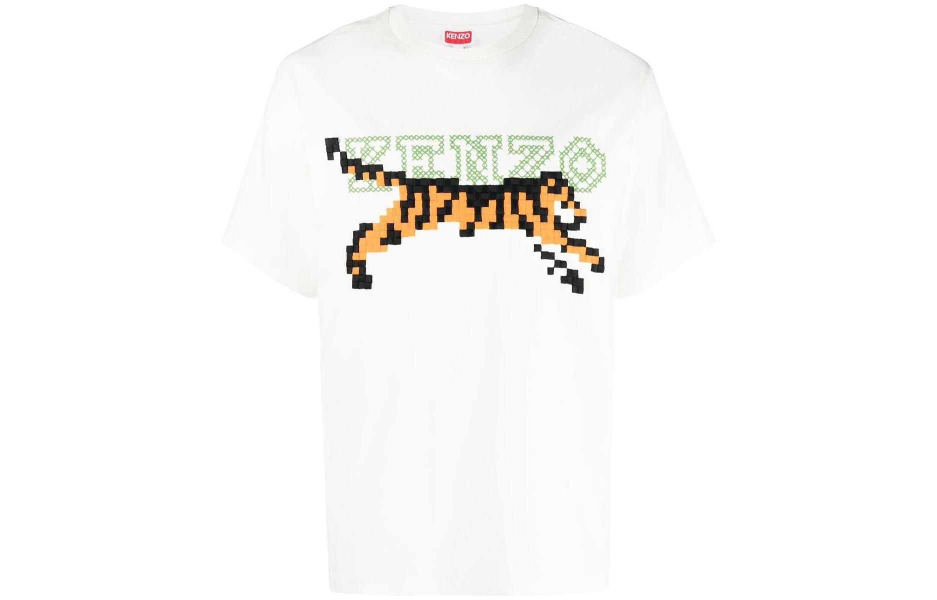 KENZO Pixel Tiger Logo Print Crewneck T-Shirt SS23 White  Fashion Tee. FD55TS4464SY-02