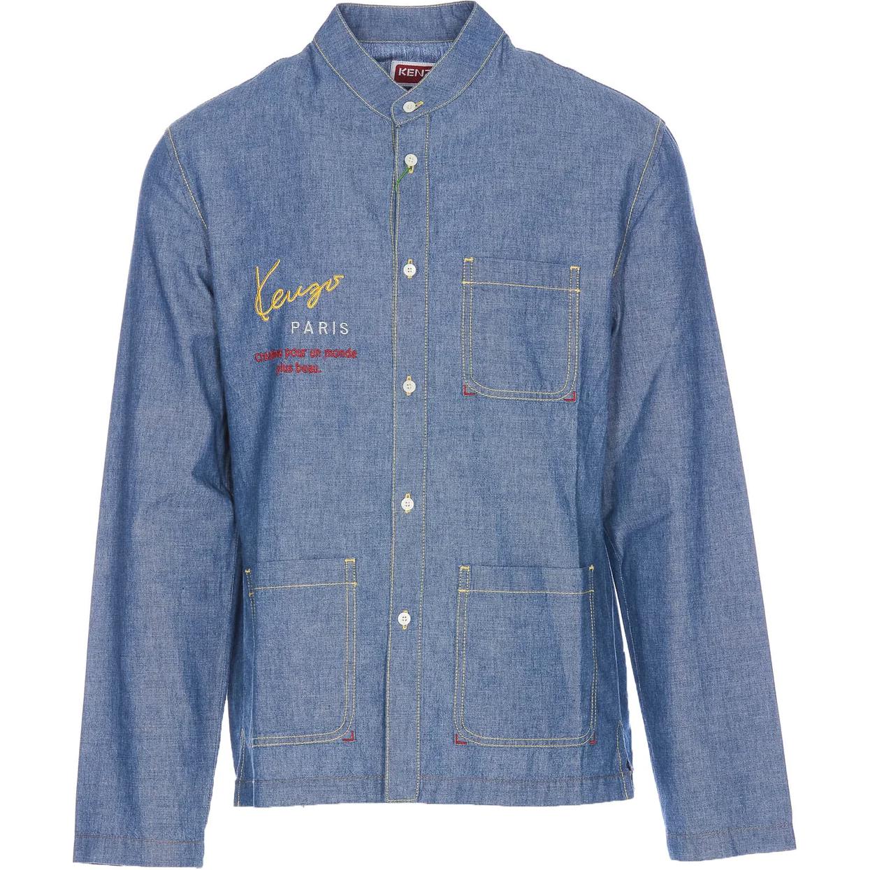 KENZO Solid Color Button-Up Long Sleeve Shirt  Blue FD65DC4156X1-DM