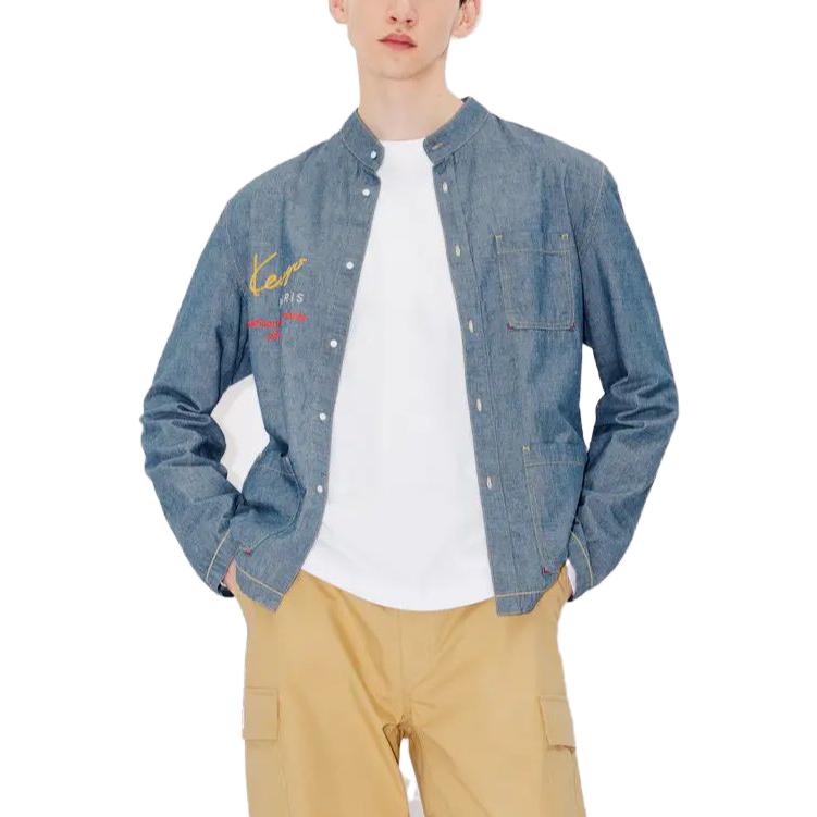 Shop KENZO Kemeja Lengan Panjang Warna Biru Solid Butang Depan FD65DC4156X1-DM