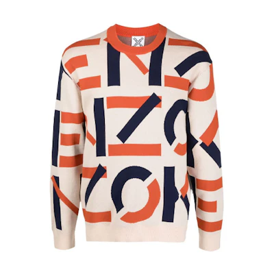 KENZO SS21 All-Over Logo Knit Pullover Sweatshirt Men’s Off-White FB55PU5313SC-09