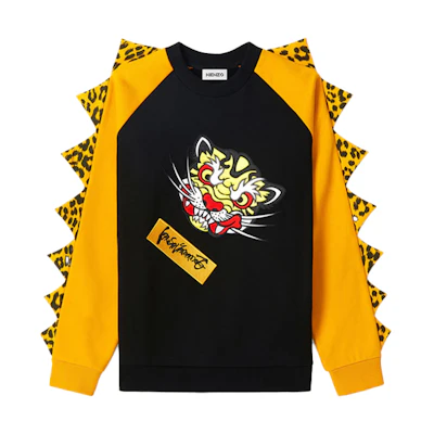 KENZO SS21 Black Tiger-Leopard Print Colorblock Raglan Sweatshirt FB55SW3624MH-99