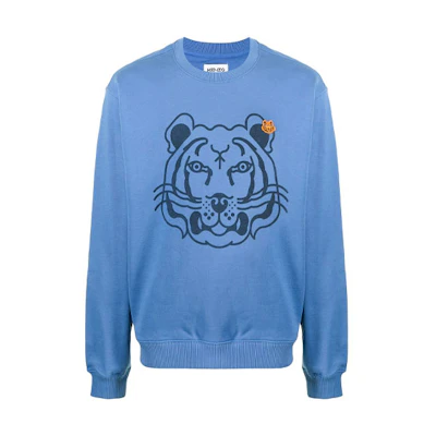 KENZO SS21 Blue Tiger Embroidered Cartoon Crewneck Sweatshirt. FB65SW0054MO-72