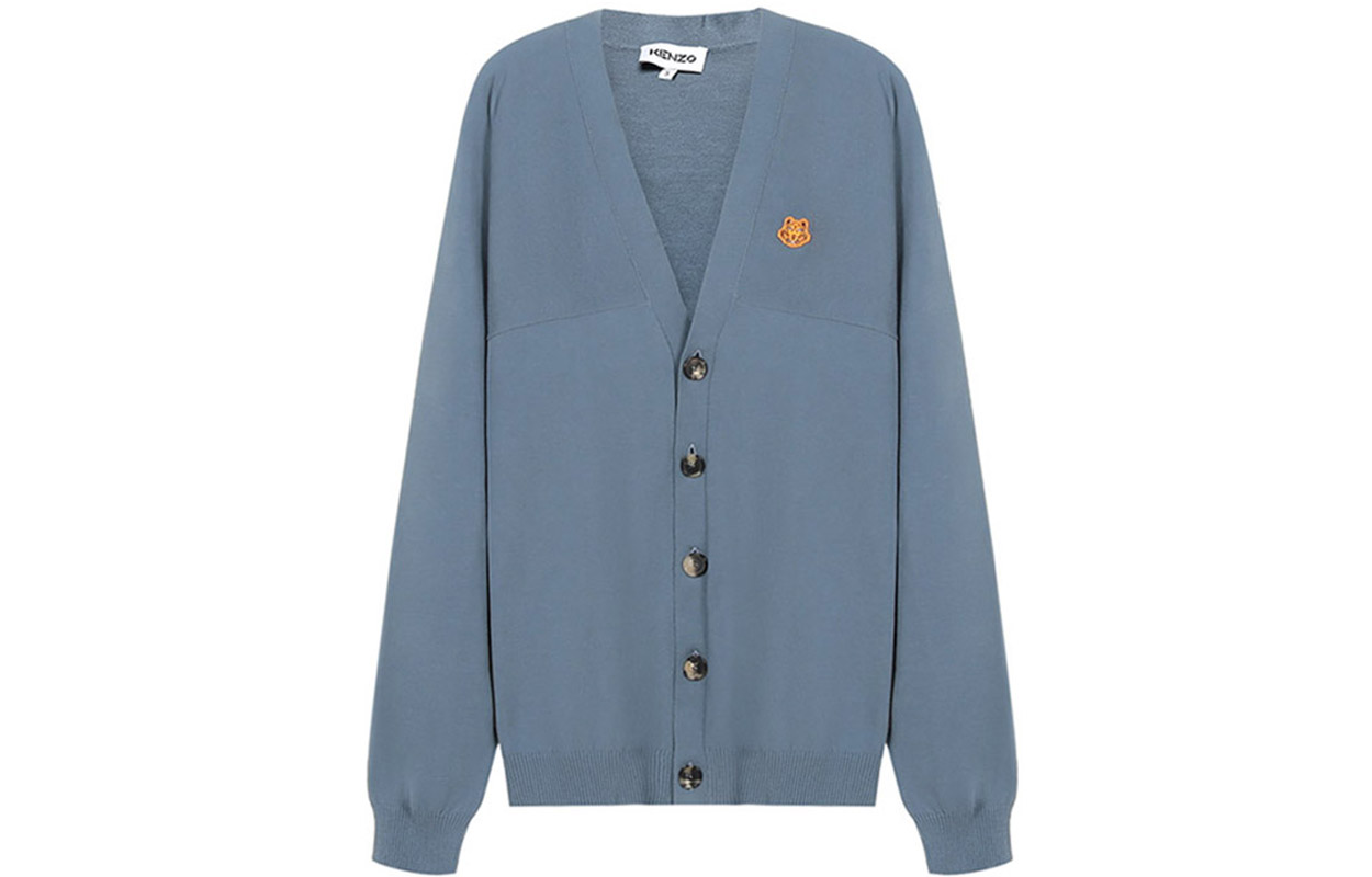 KENZO SS21 Blue V-Neck Knit Sweater with Small Tiger Embroidery. FB55CA5813TB-67
