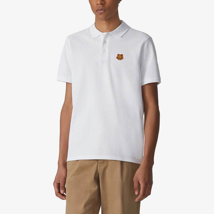 Shop 겐조 SS21 클래식 타이거 헤드 화이트 반팔 자수 폴로 셔츠 FA65PO0014PU-01
