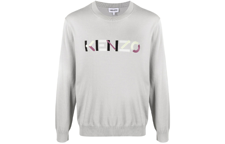 KENZO SS21 Crewneck Sweater with Logo Embroidery Pattern Gray FB55PU5893LA-93