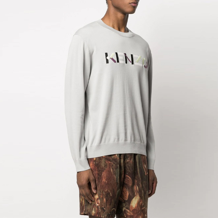 Shop KENZO SS21 ロゴ刺繍クルーネックスウェーター グレー FB55PU5893LA-93