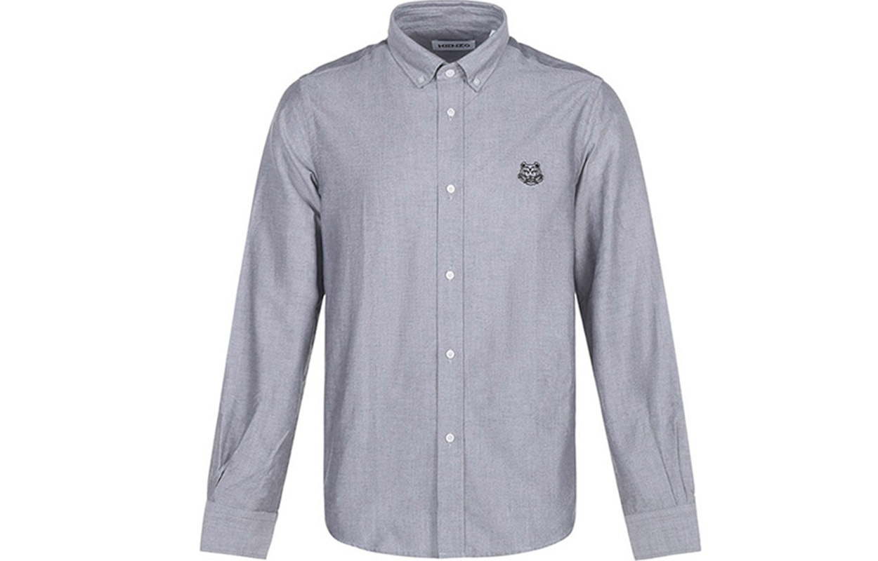 KENZO SS21 Grey Loose Fit Long Sleeve Shirt with Embroidered Tiger Head. FB55CH4001LD-99