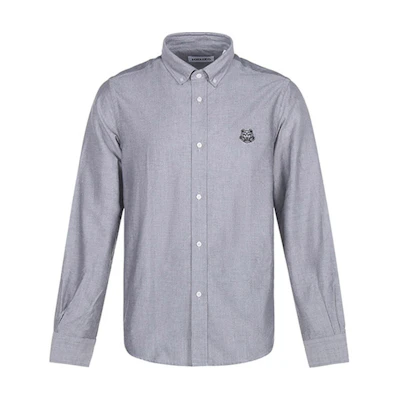 KENZO SS21 Grey Loose Fit Long Sleeve Shirt with Embroidered Tiger Head. FB55CH4001LD-99