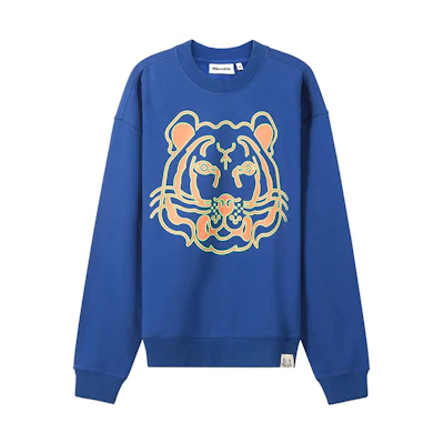 KENZO SS22 Blue Oversized Cartoon Tiger Head Fleece Sweatshirt Winter. FC55SW5264ML-74