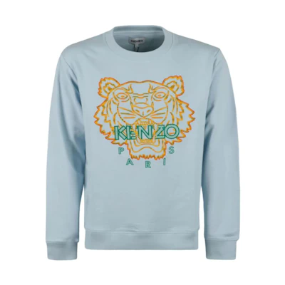 KENZO SS22 Blue Tiger Logo Print Cotton Crewneck Pullover Sweatshirt Men FC55SW-120-CME-63