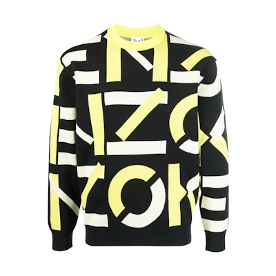 KENZO SS22 Logo Intarsia Knit Sweater Yellow/Black Long Sleeve. FC55PU6913SB-38A