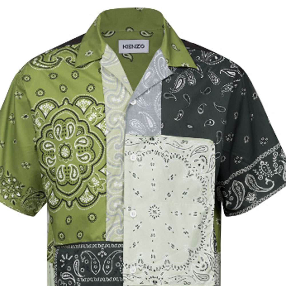 Details for KENZO SS22 페이즐리 프린트 그린 반팔 셔츠 남성용. FC55CH1449F5-56
