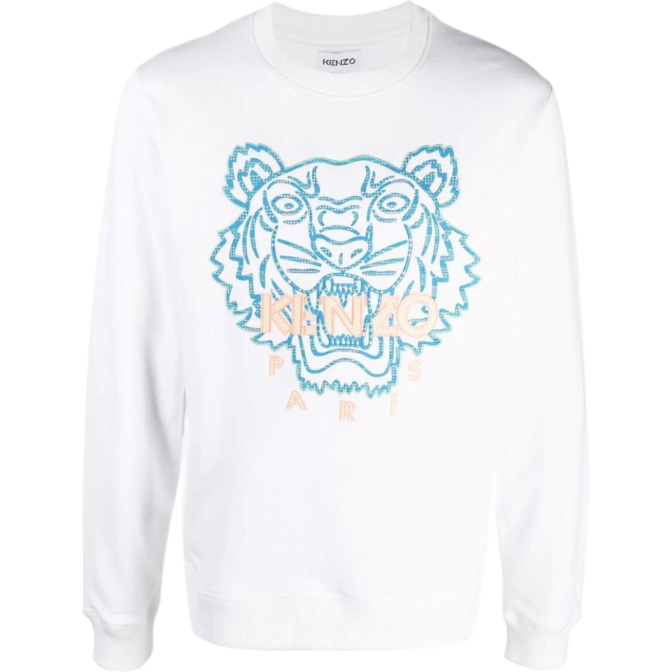 KENZO SS22 Tiger Embroidered Organic Cotton Long Sleeve Sweatshirt White Mens. FC55SW120CME-01B