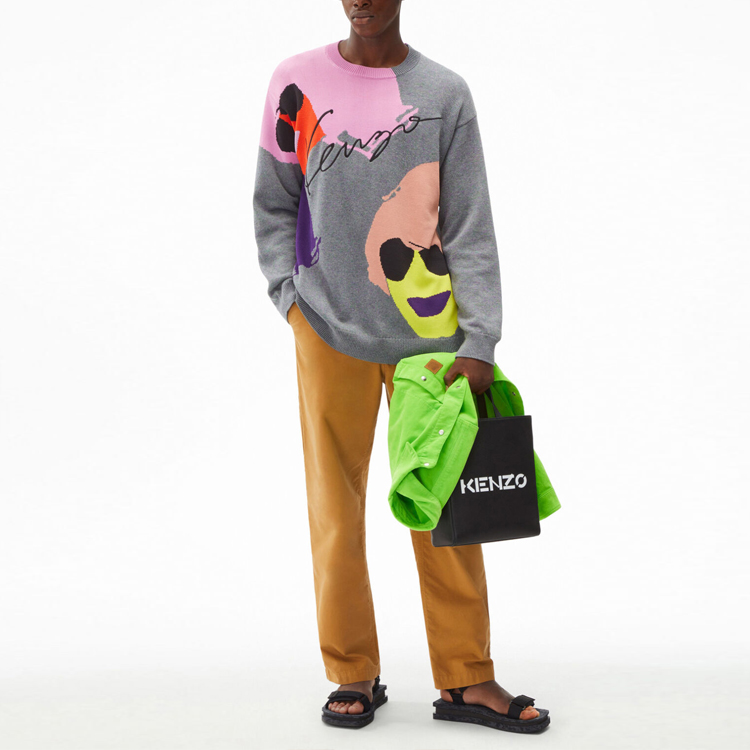 Shop KENZO SS22 Tribute Jacquard Wool Sweater Crewneck Grey Men’s Pullover. FC55PU6583CF-97